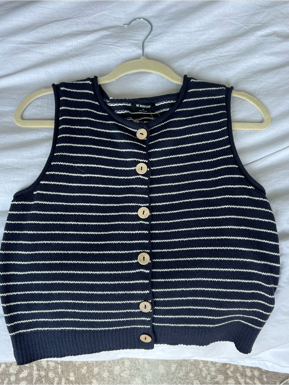 The Workshop - Navy & White Striped Button-Knit Vest